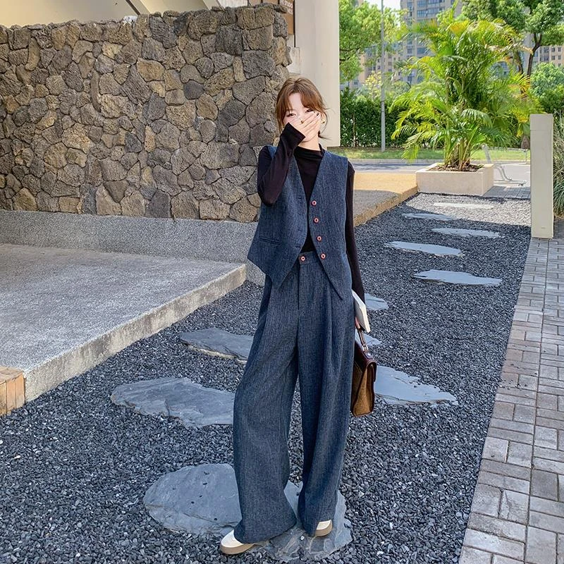 拉夏贝尔老钱风高级感马甲套装女初秋季2024新款韩系气质通勤阔腿