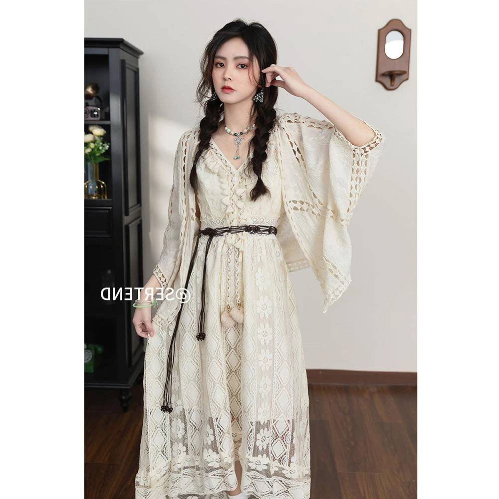 拉夏贝尔民族风波西米亚连衣裙女夏季新款大码开衫配吊带裙田园风