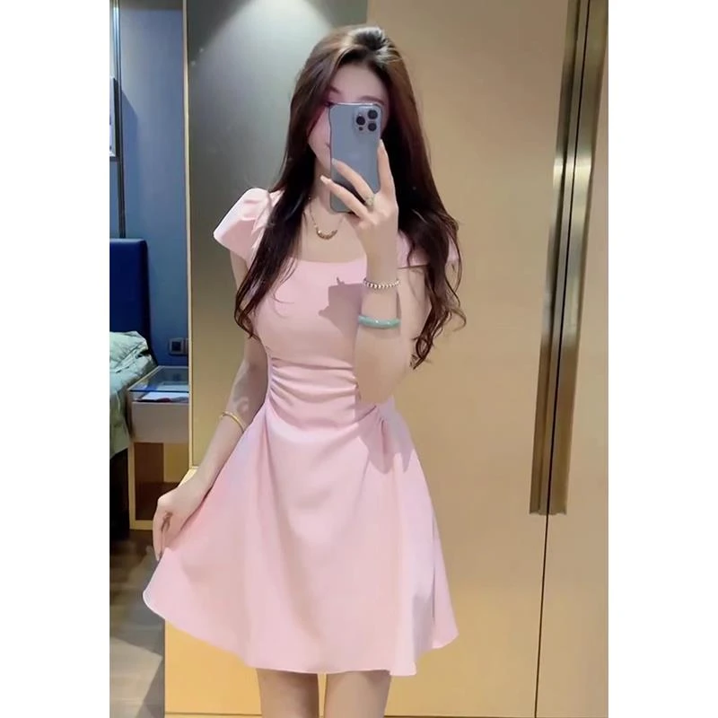 拉夏贝尔2024年夏季新款方领粉色别致设计感短裙韩版修身高腰显瘦