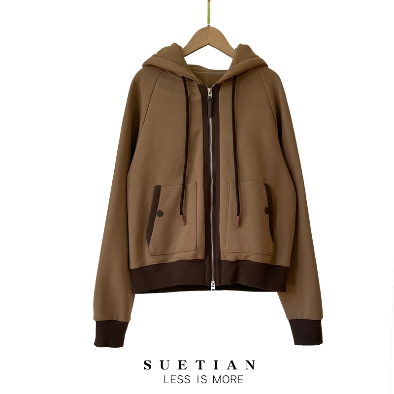 【苏苏试穿M码】加绒撞色连帽卫衣外套