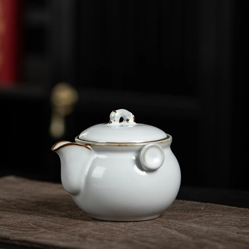 弘茗道铁胎月白色汝窑陶瓷手抓壶家用防烫泡茶壶开大片可养茶具