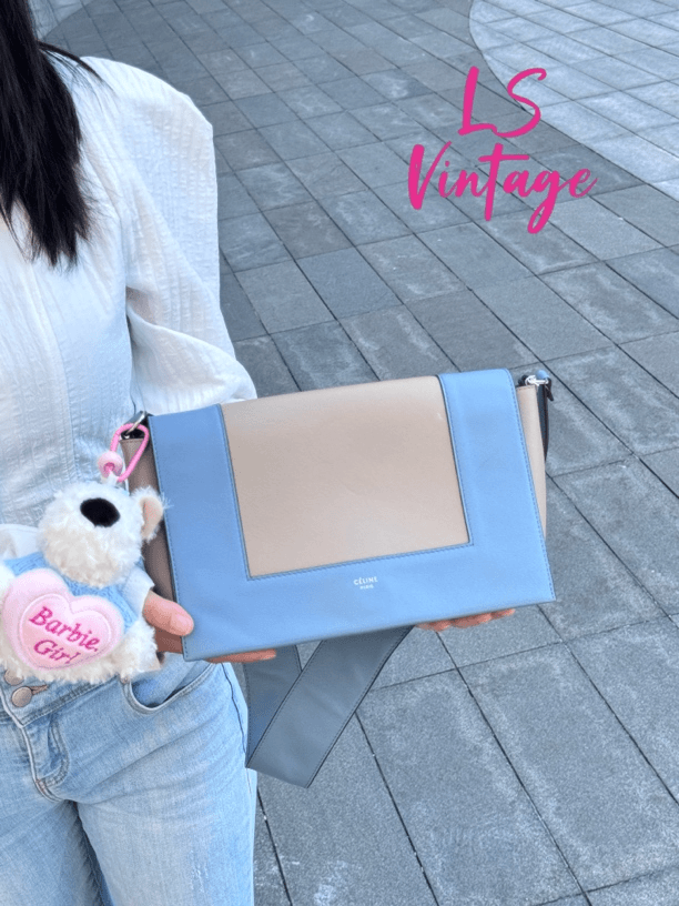 95新 Celine/思琳 CELINE.7554雾霾蓝拼奶茶灰Frame 单肩包