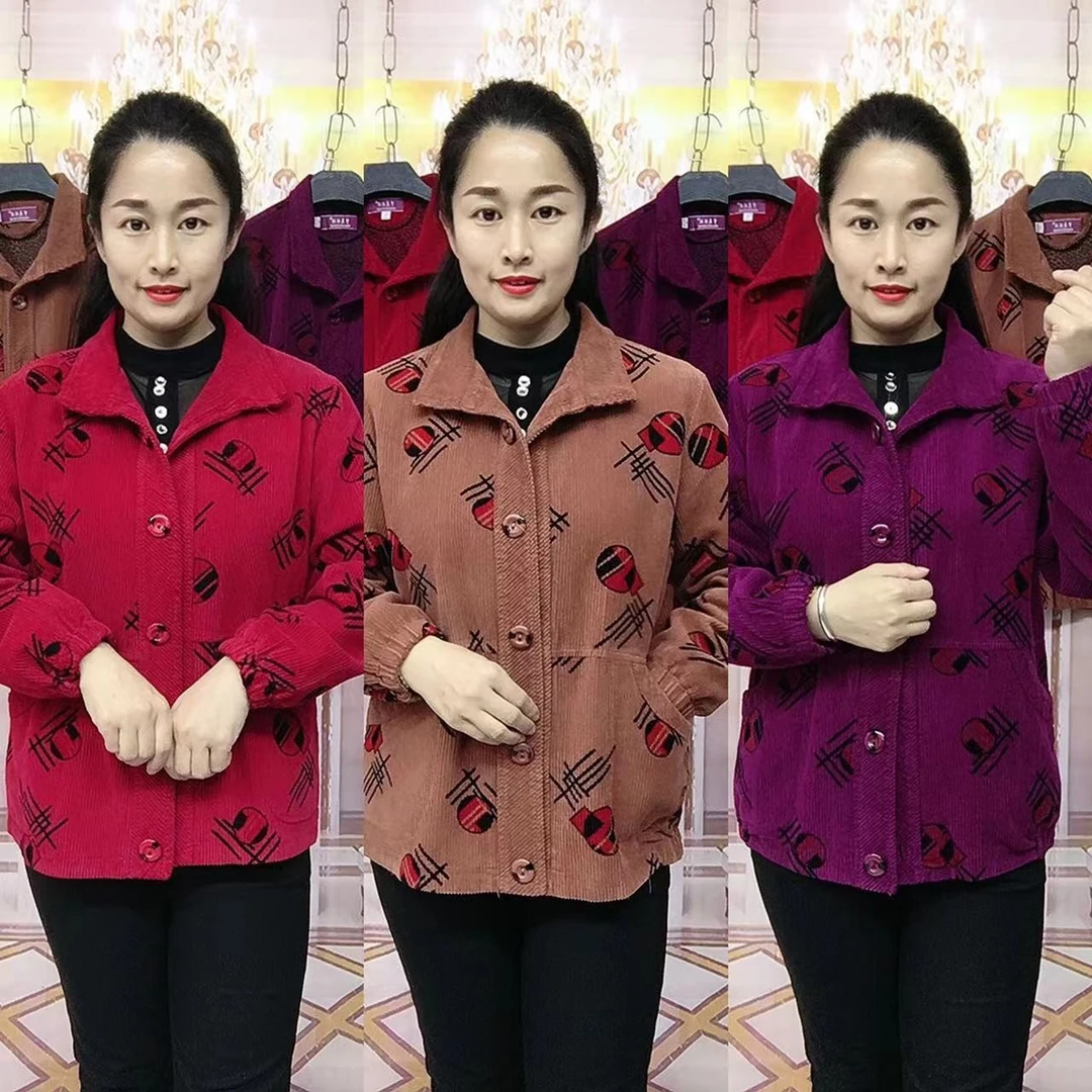 102翻领条绒外套妈妈装中老年