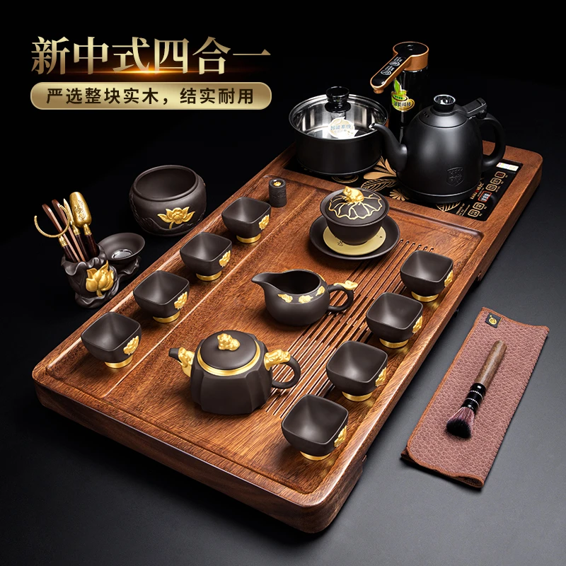 高档轻奢紫砂茶具套装胡桃木全自动茶盘茶壶茶杯实木茶台一体整套