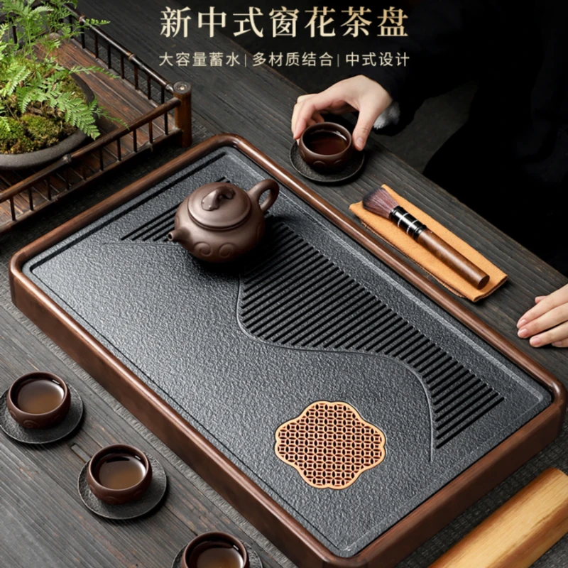 胡桃色中式实木茶盘 排水蓄水双用茶托盘 家用简约茶盘百搭茶台