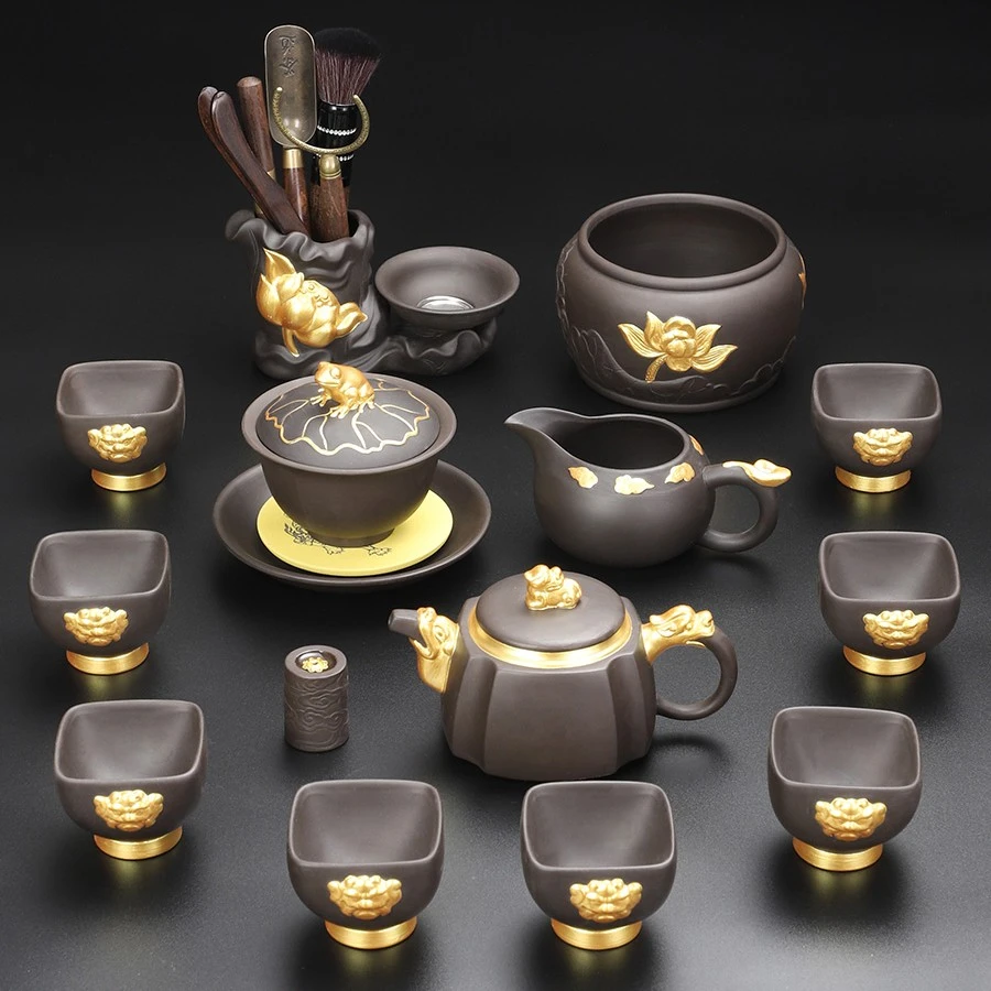 陶福气轻奢茶具套装 家用紫砂壶描金中式功夫盖碗泡茶杯礼品盒装