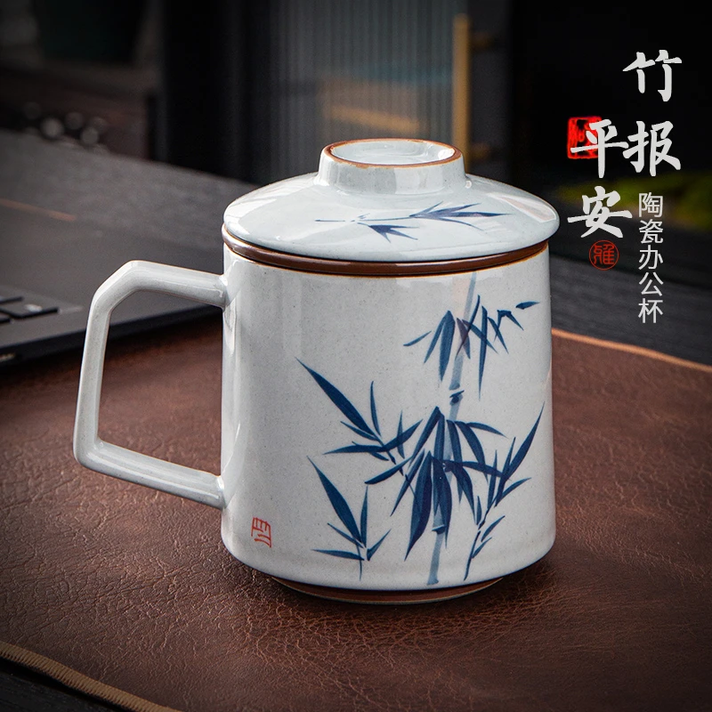 陶福气复古手绘陶瓷带手柄办公杯茶水分离中式茶杯喝水杯子礼盒装