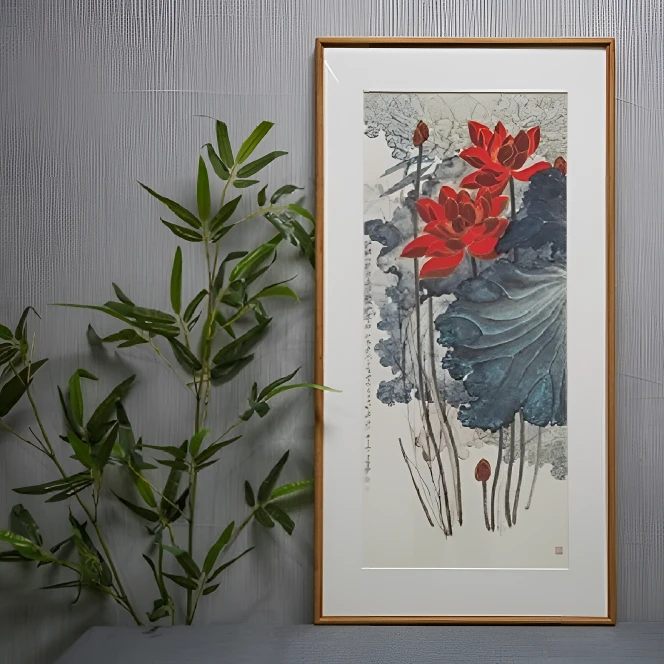 90*45【金线荷花】榫卯实木客厅书房背景玄关装饰挂画