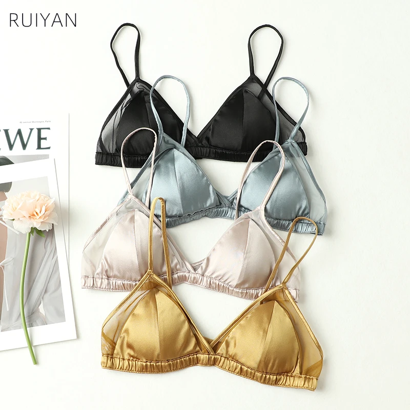 日系真丝缎面无钢圈文胸薄款桑蚕丝光面法式三角杯可拆卸胸垫内衣