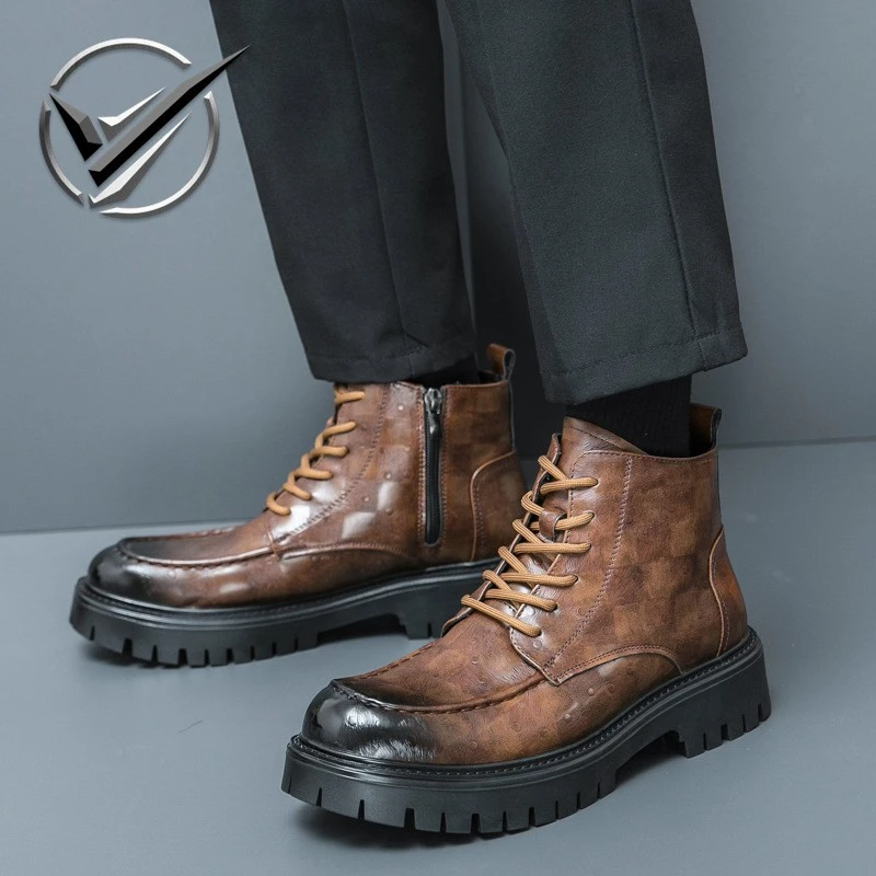 笑相迎男士高帮秋冬马丁商务圆头皮鞋拉链靴厚底英伦工装皮靴靴子