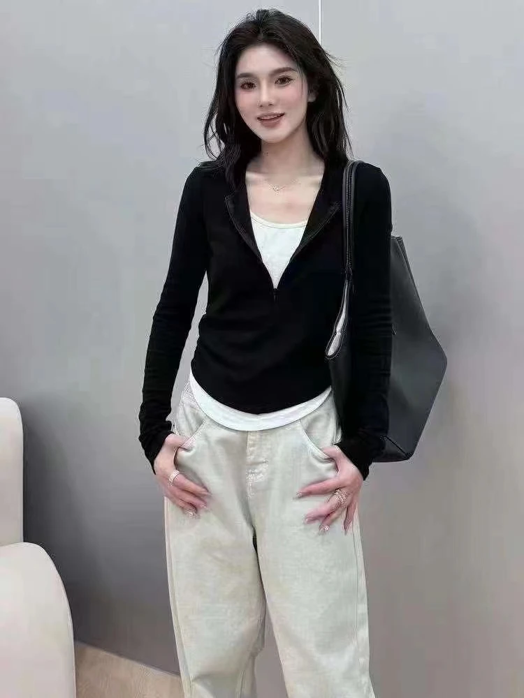 450-499假两件长袖t恤打底衫女2024新款修身显瘦独特别致短款上衣