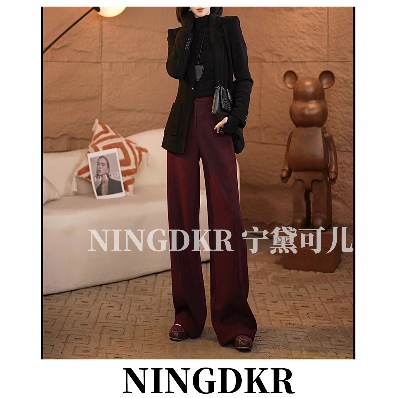 黛A30825秋冬款气质垂感安可拉红高腰显瘦阔腿裤女休闲百搭直筒裤