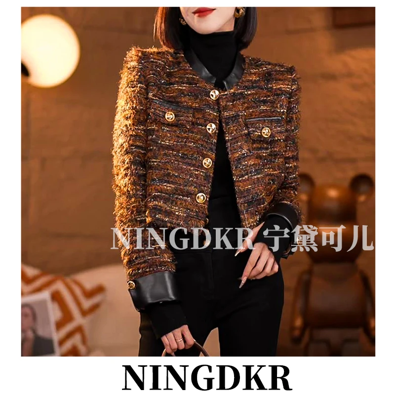 黛JZ112860小羊皮立领真皮拼接复古气质显瘦小香风外套女短款