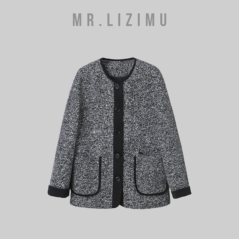 李子木先生韩系圆领加厚小香风外套女2024秋冬拼接新款小香风外套