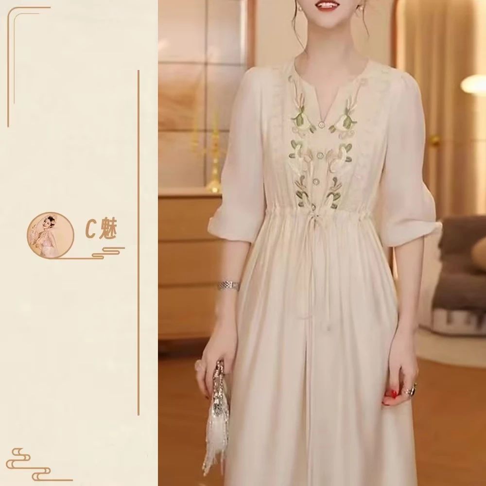 【C魅甄选】天丝麻重工刺绣连衣裙2025夏新款显瘦气质绣花长裙A363
