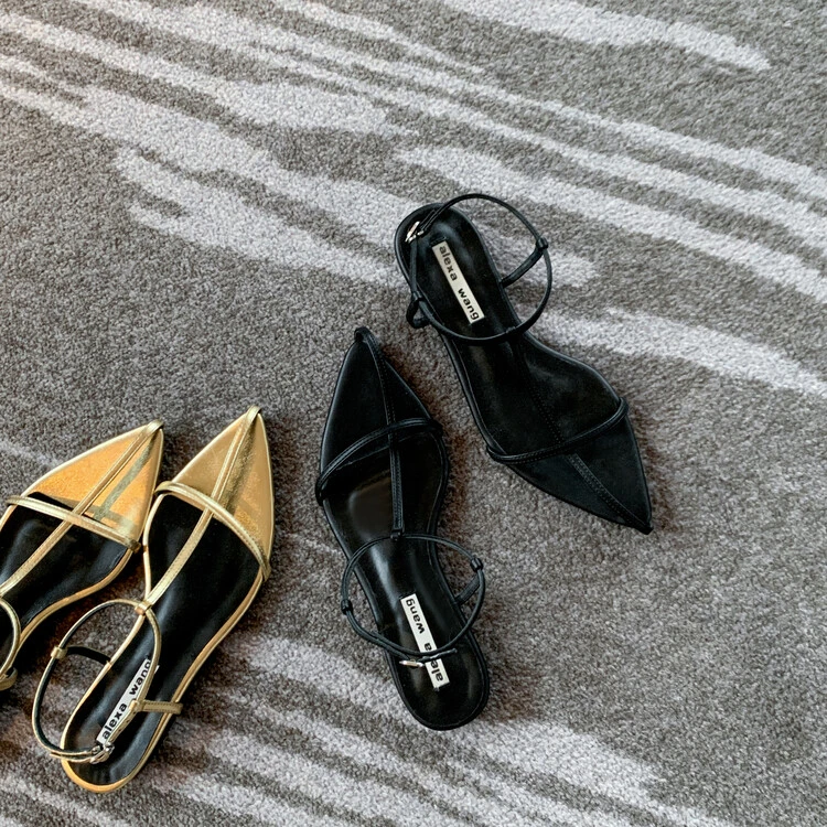 法式尖头镂空细带凉鞋一字带平底罗马凉鞋夏季时尚百搭