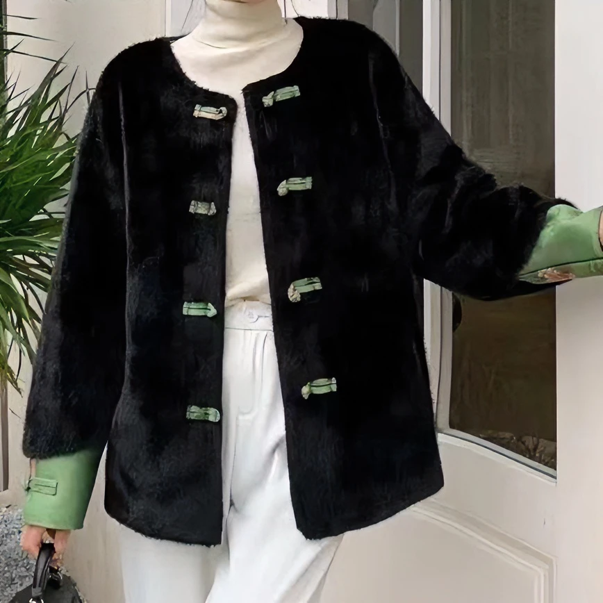 新中式新款时尚洋气圆领盘口中国风轻奢皮毛一体中长款女士外套