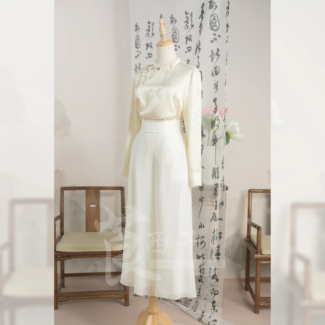 【云烟D】新中式文艺国潮风桑蚕丝阔腿裤日常新款飘逸长裤