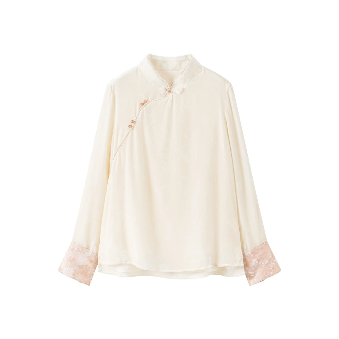 【诗安】新中式100桑蚕丝底布丝绒轻奢贵气衬衫百搭时尚国潮