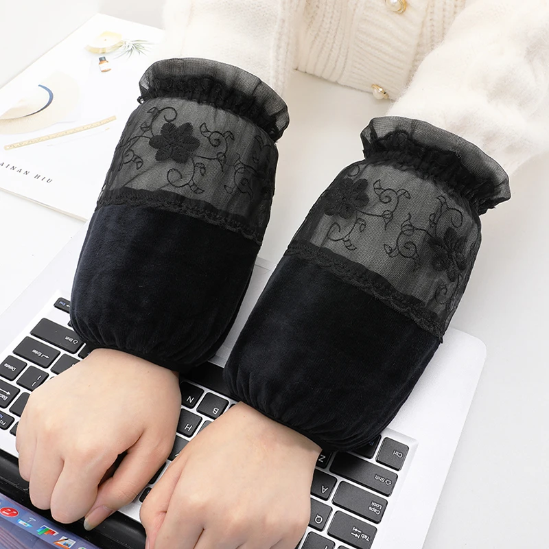 短款蕾丝袖套女士羽绒服护袖冬季拼接毛绒布时尚防脏套袖棉衣袖头