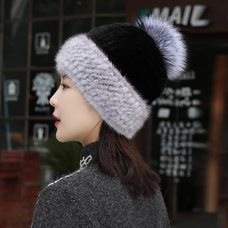秋冬针织帽水貂帽子两色帽子玄狐毛球冬天貂帽子女款水貂毛帽子