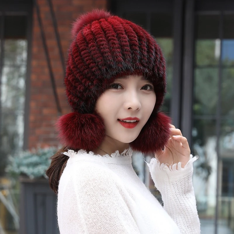 新款水貂帽子女款狐狸三毛球冬季貂毛编织女士保暖护耳帽貂皮帽