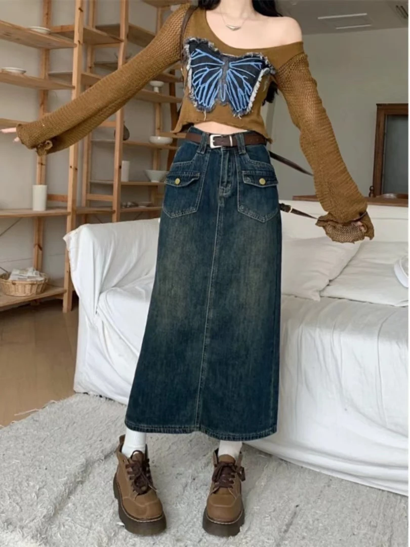 2025春秋新款牛仔中长裙高腰显瘦修身半身裙复古蓝后开叉A字裙女