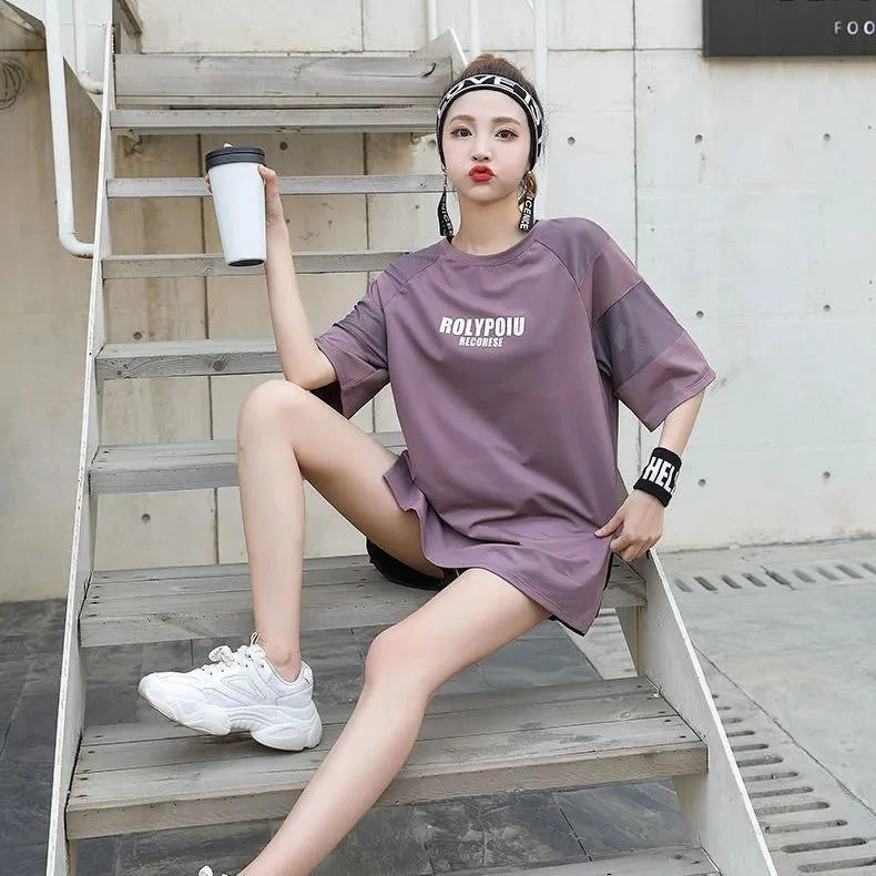 夏季运动瑜伽服速干时尚胖mm短袖训练跑步健身宽松网纱上衣套装女