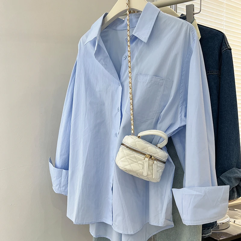 蓝色纯棉衬衫外套女秋冬季衬衣小个子设计感休闲宽松叠穿长袖上衣