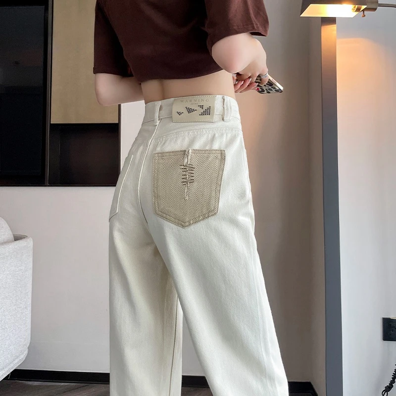 白色直筒牛仔裤女春秋2025新款设计感窄版休闲百搭小个子阔腿裤子