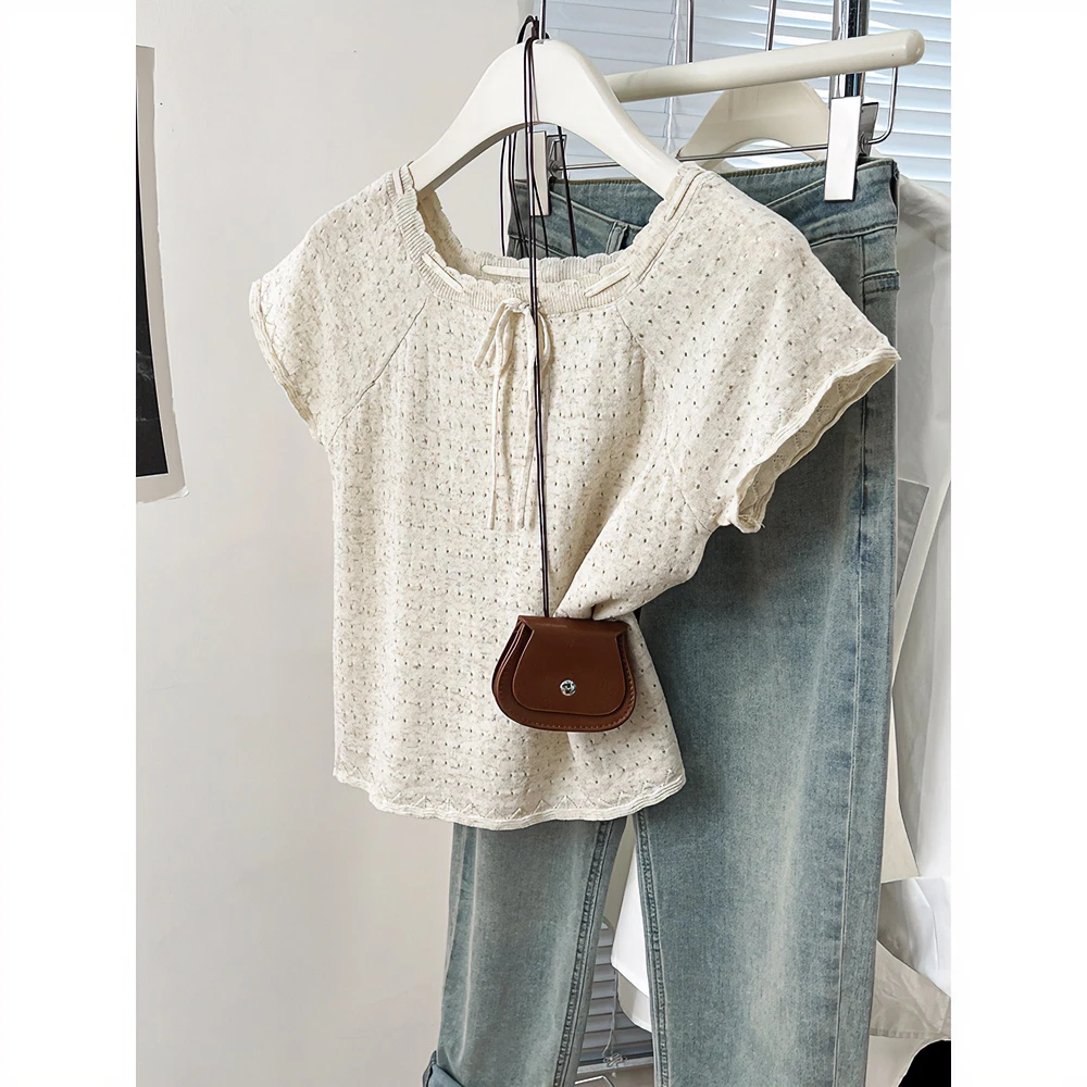 蝴蝶结方领正肩针织短袖t恤女夏季设计感小众小个子镂空短款上衣