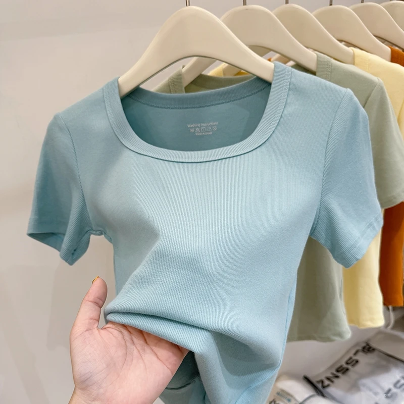 蓝色欧货螺纹方领正肩短袖t恤女洋气衣服夏季短款上衣半袖体恤