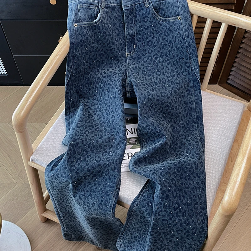 欧货烫钻豹纹高腰复古水洗牛仔裤女冬季百搭时尚宽松直筒拖地裤潮