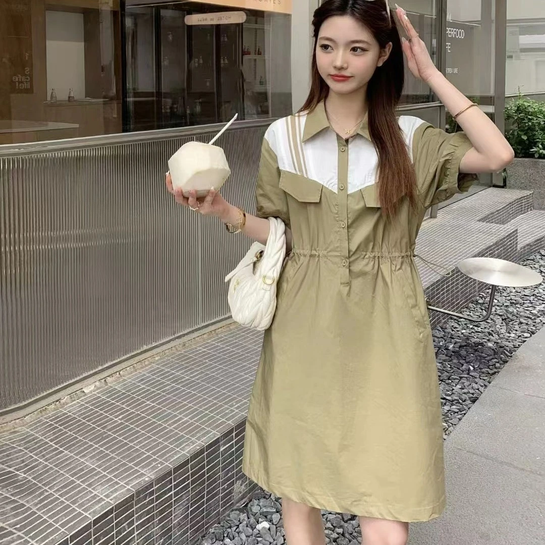 CG3306夏季新款拼接连衣裙女装时尚气质休闲减龄收腰显瘦通勤撞色