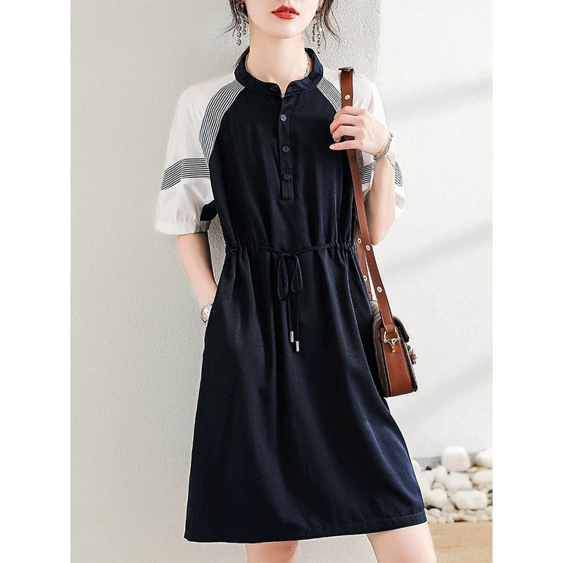 CG5501夏季新款连衣裙中长款女装显瘦休闲气质裙子拼接撞色宽松