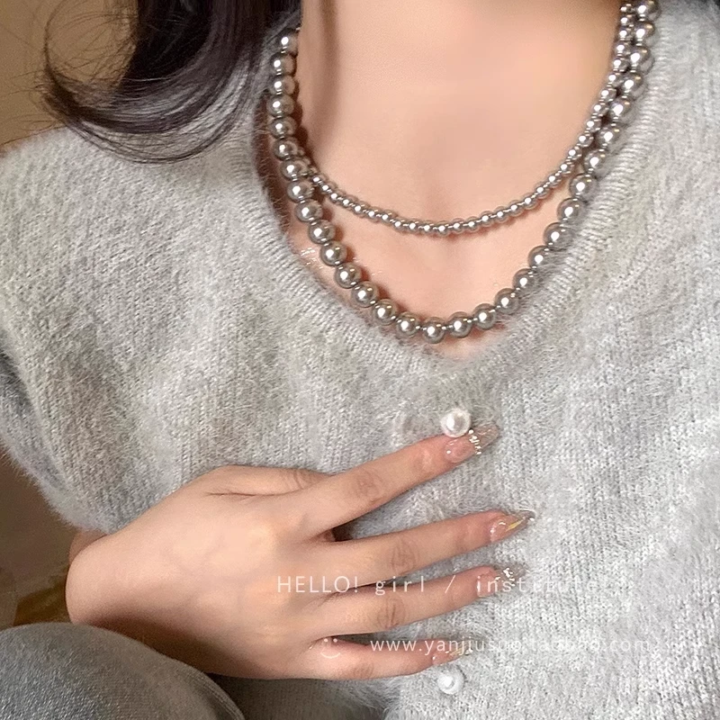 合金仿珍珠项链 灰色串珠项链女法式轻奢复古时髦可叠戴锁骨链