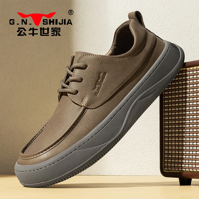 公牛世家男鞋秋季新款复古百搭大头鞋工装鞋低帮厚底增高休闲系带