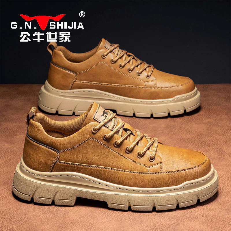 公牛世家男士休闲皮鞋春季时尚厚底男鞋复古英伦百搭大头马丁鞋子