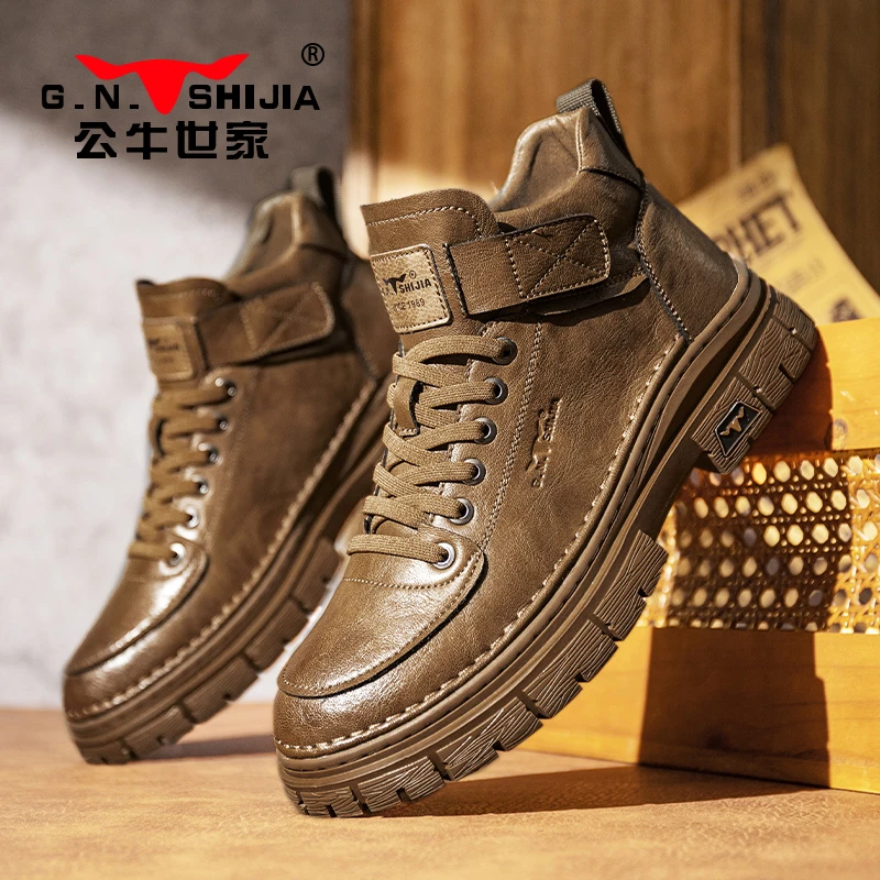 公牛世家男士中帮马丁靴秋季百搭厚底潮鞋休闲时尚高帮复古短靴男