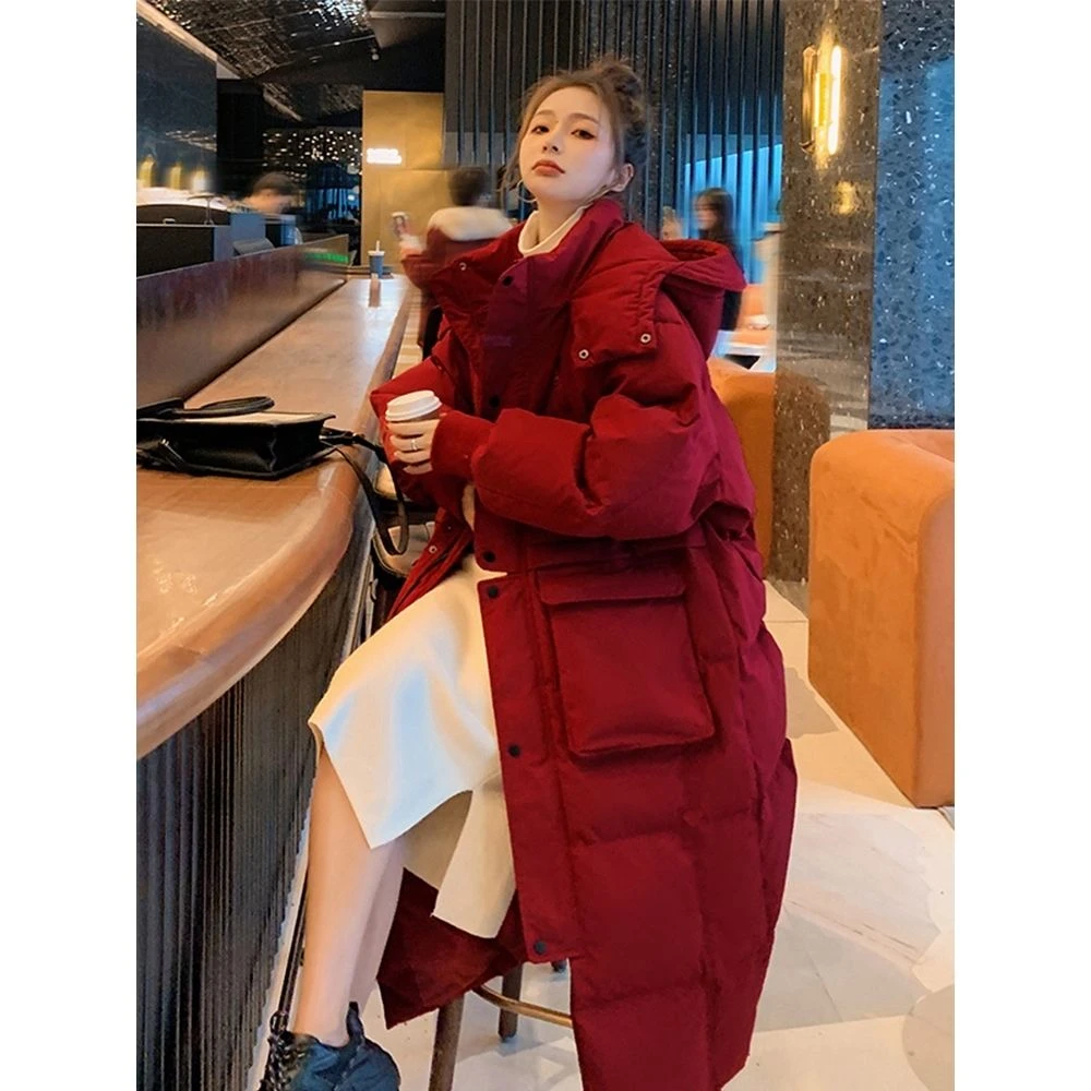 2023中长款过膝羽绒羽绒服女冬韩版加厚时尚洋气新年红羽绒