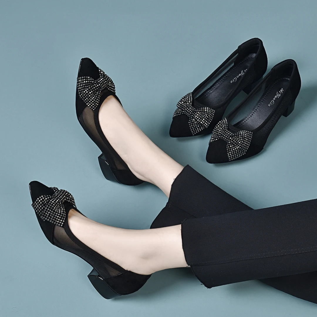 蝴蝶结御姐风羊皮春夏软底单鞋新款低跟尖头女浅口百搭工作单鞋