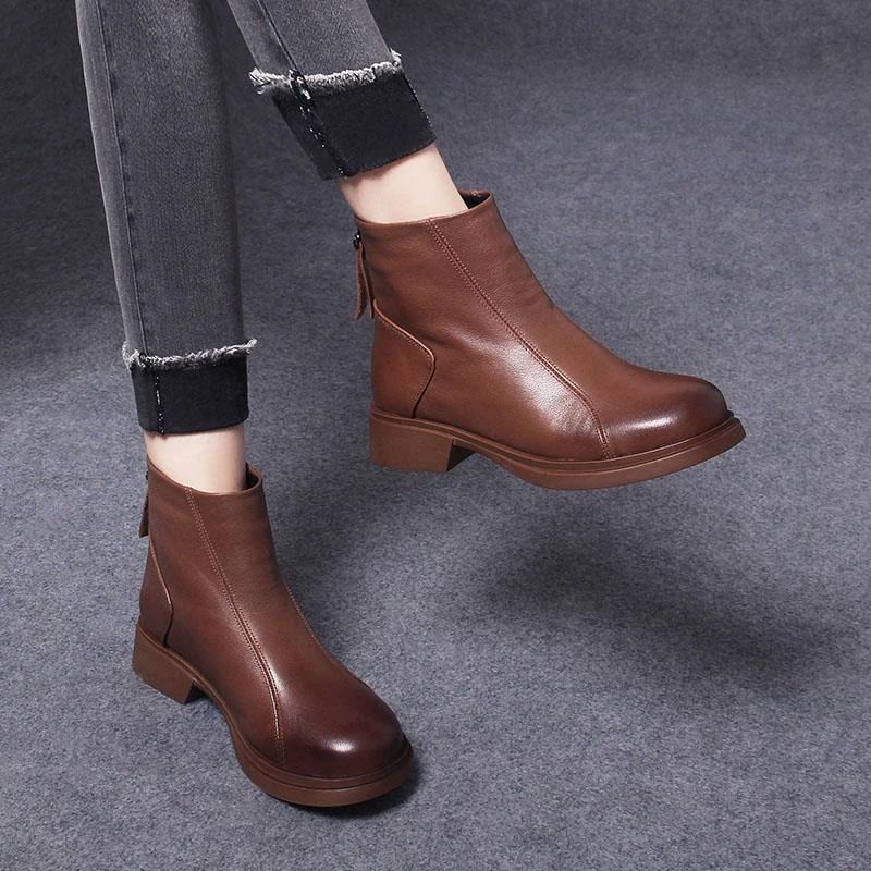 圆头短靴秋冬季新款棕色靴子马丁靴女款头层牛皮短靴厚底真皮女靴