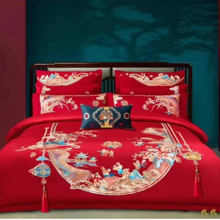国风床品160支保暖枕套大红色60支新中式床品套件国潮刺绣