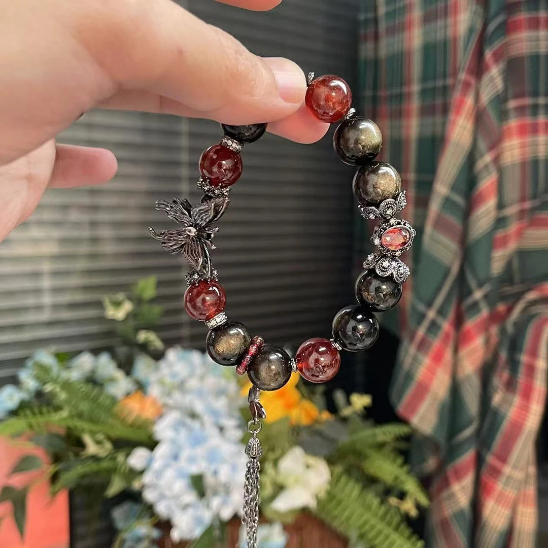 【暗夜之舞】天然石榴石金耀石水晶魔盒蝴蝶设计款手串