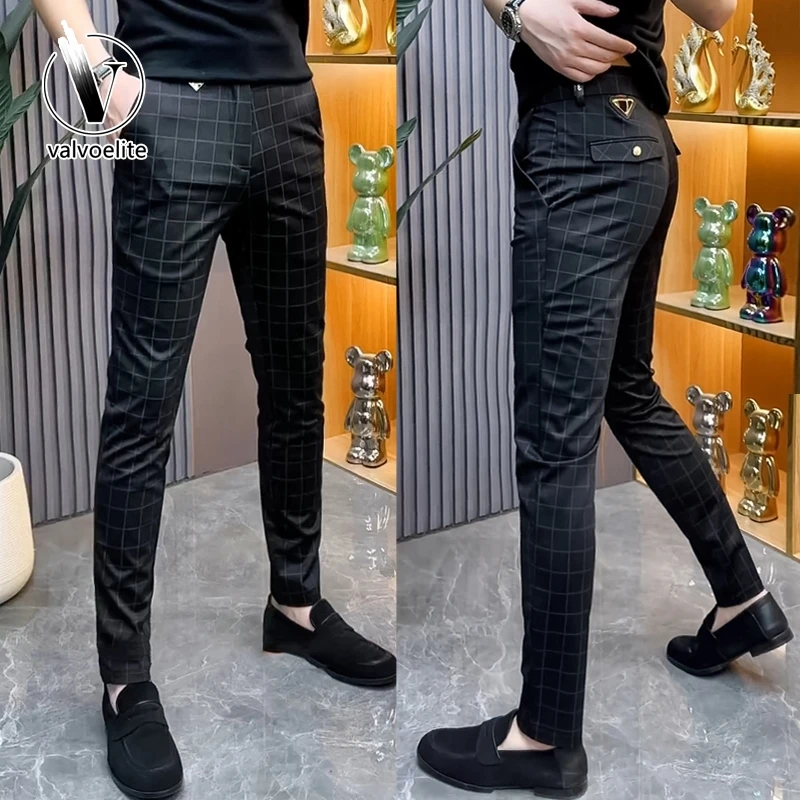 VALVOELITE秋季小西裤男士修身免烫格子小脚裤商务弹力休闲长裤子