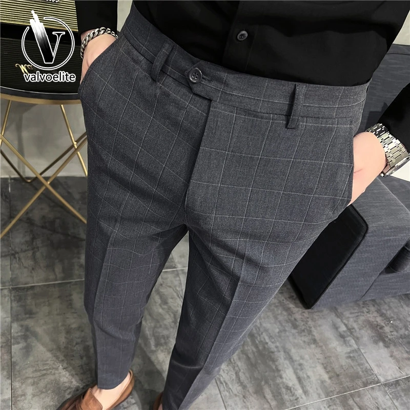 VALVOELITE格子休闲西裤秋季2024新款男装修身小脚痞帅垂感西装裤