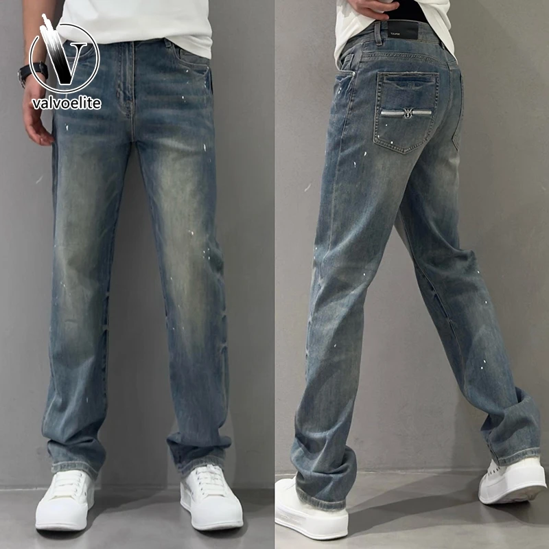 VALVOELITE秋男士高街水洗蓝色直筒牛仔裤百搭宽松弹力休闲阔腿裤
