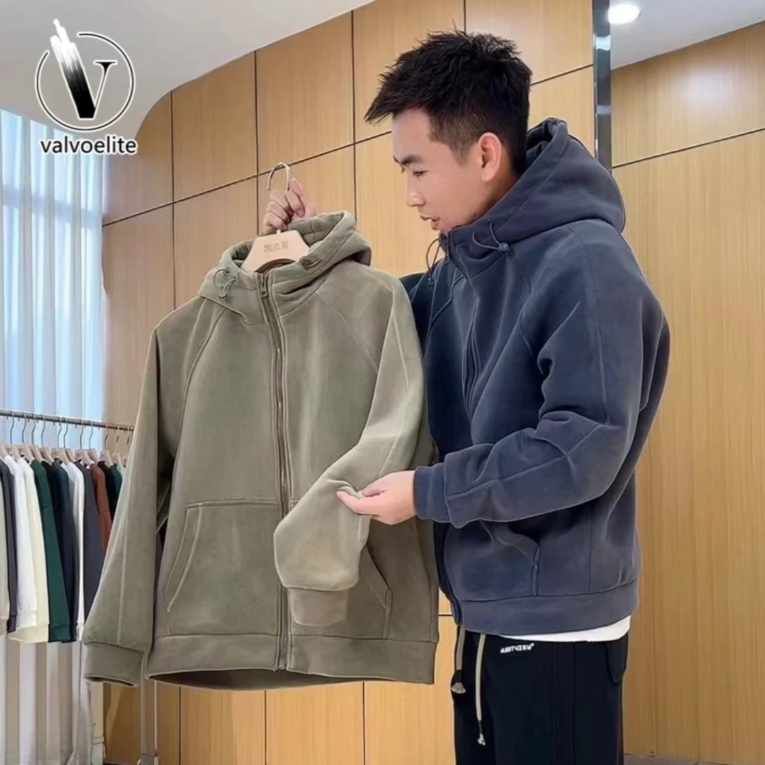 VALVOELITE秋冬男连帽外套时尚加厚休闲百搭上衣纯色保暖拉链卫衣