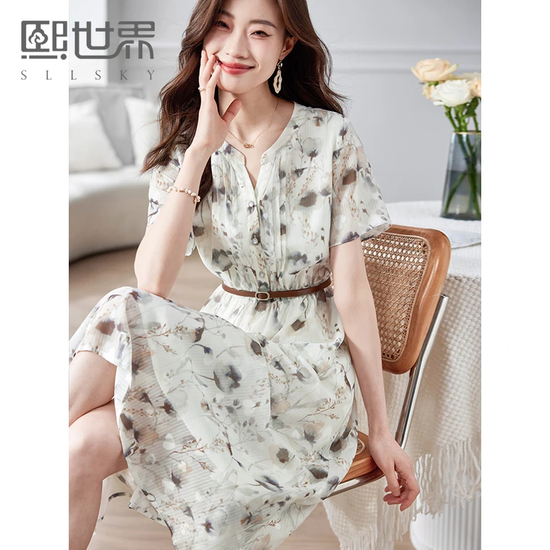 熙世界水墨印花复古连衣裙女2023新款夏季法式桔梗气质收腰裙子