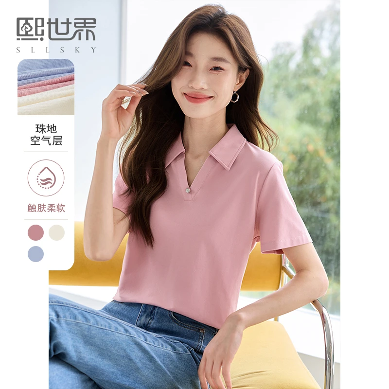 熙世界休闲运动POLO领短袖T恤新款夏季小个子正肩翻领上衣